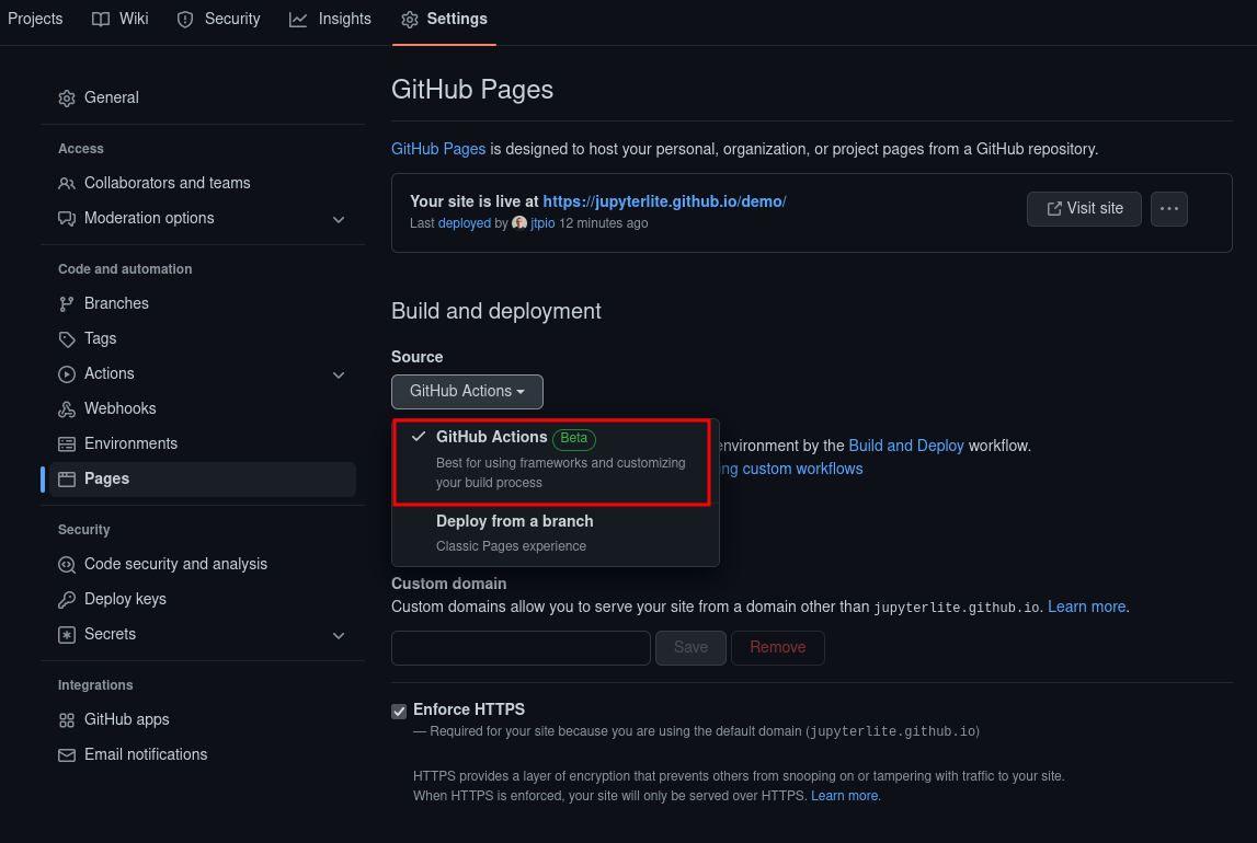 a screenshot showing the GitHub Actions configuration option for deploying to GitHub Pages